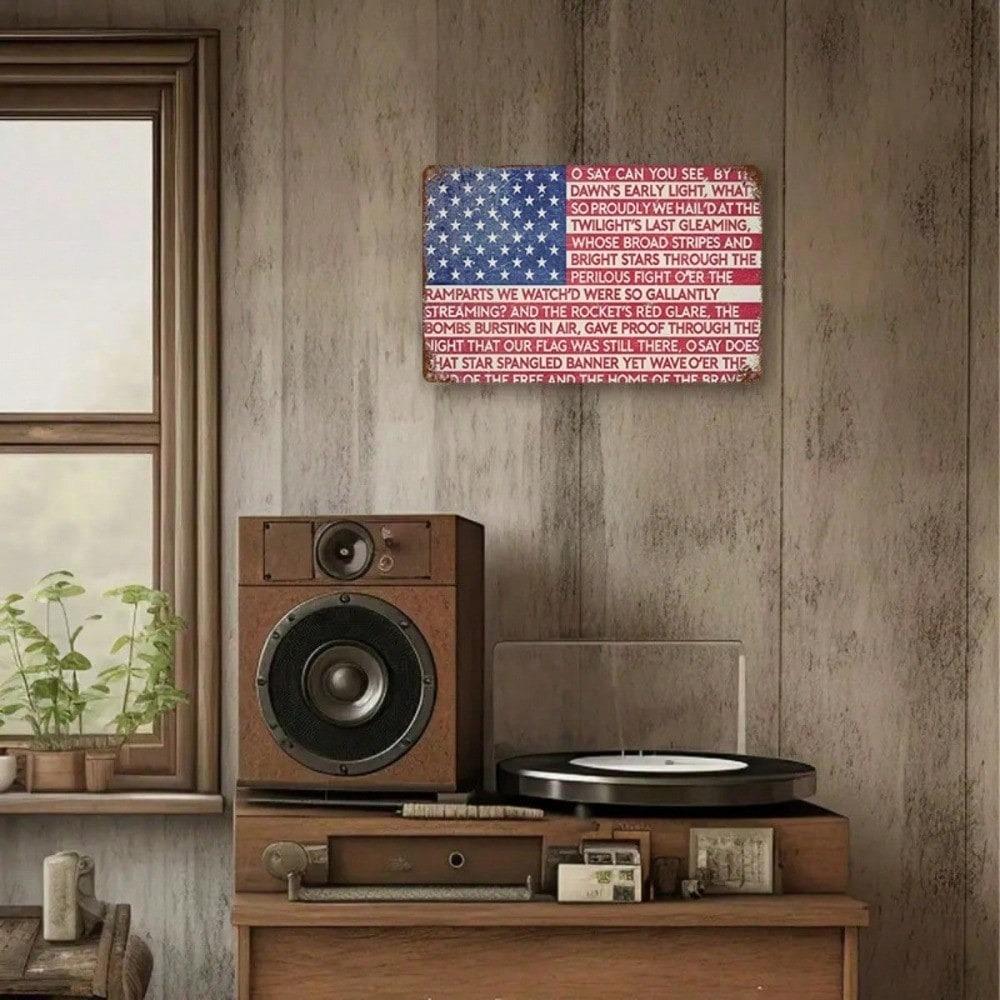 Vintage Patriotisches Blechschild 8x12 Amerikanische Flagge Wanddekoration Rustikale Hymnenkunst