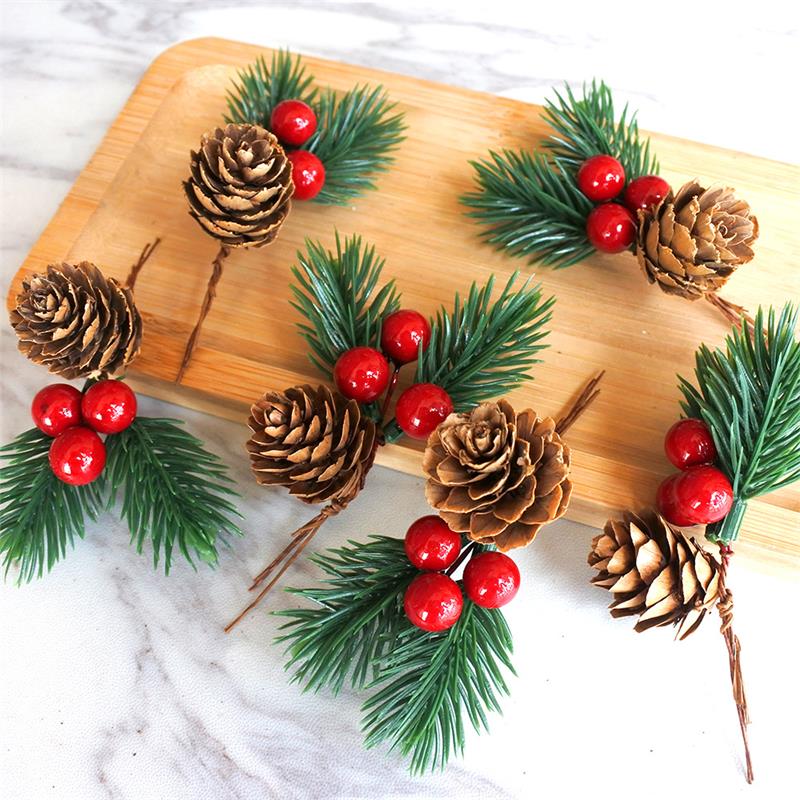 10Pcs Christmas Artificial Flower Red Berry Pine Cone Holly Xmas Party Decor