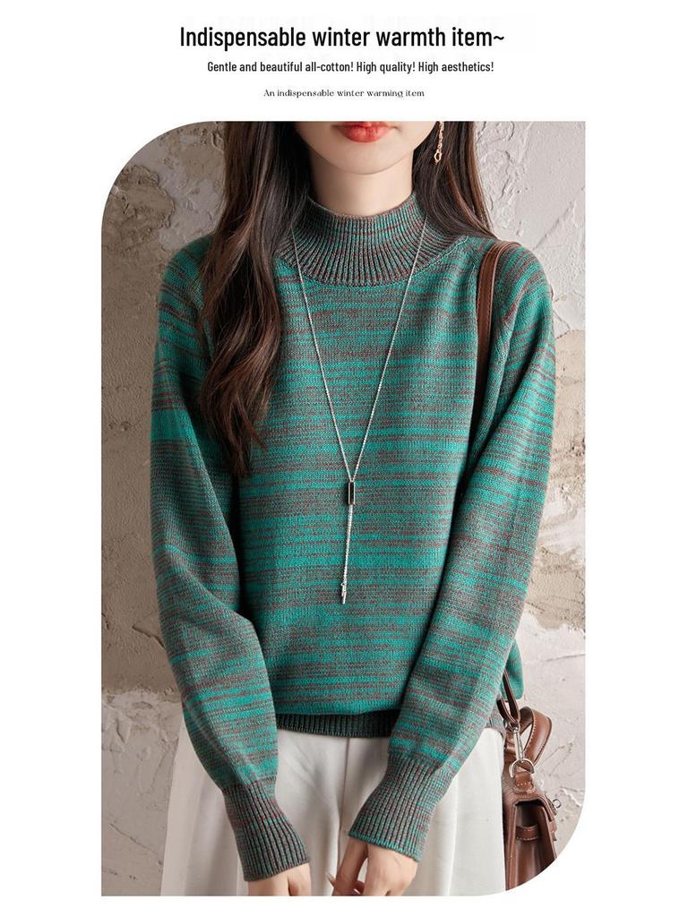 Pulover Gros de Bumbac pentru Femei Toamnă/Iarnă 2025: Cămașă Tricotată Caldă pentru Navetă, Guler Semi-Înalt, Croială Largă