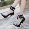 Heel women's shoes, fashion hipster large size high-heeled single shoes, creative rivet pointed women's shoes