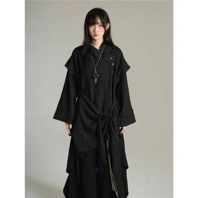 Irregular Lace Up Design Chinese Style Stand Up Collar Shirt Men Women Long Sleeved Shirt Y2K