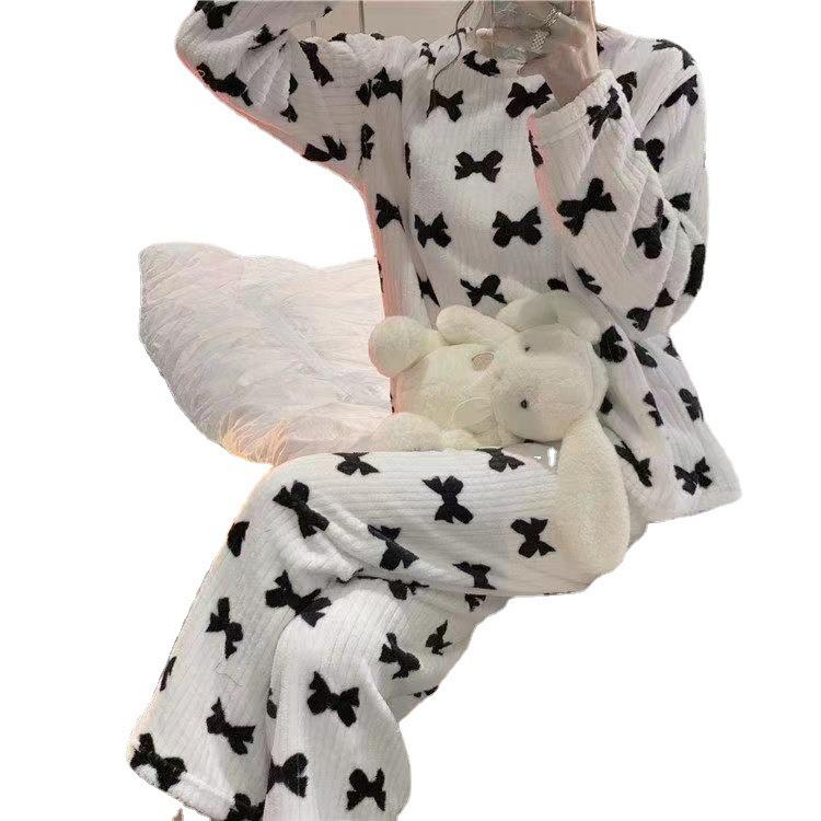 Women's Coral Fleece Winter Pajama Set - Bow Print, Plus Size, Velvet Thick, Casual Lazy Home Wear