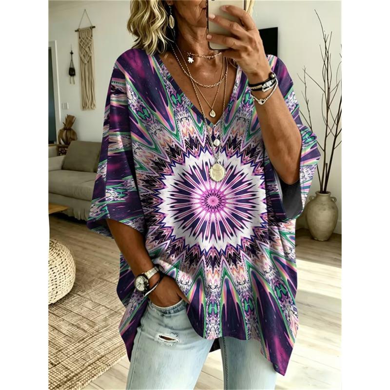 Übergrößen Damen V-Ausschnitt Fledermausärmel T-Shirt Bohemian Ethnischer Druck Lockerer Oberteil Sommer Bequem Atmungsaktiv Tägliches Pendeln Lässig Schlankmachender Stil