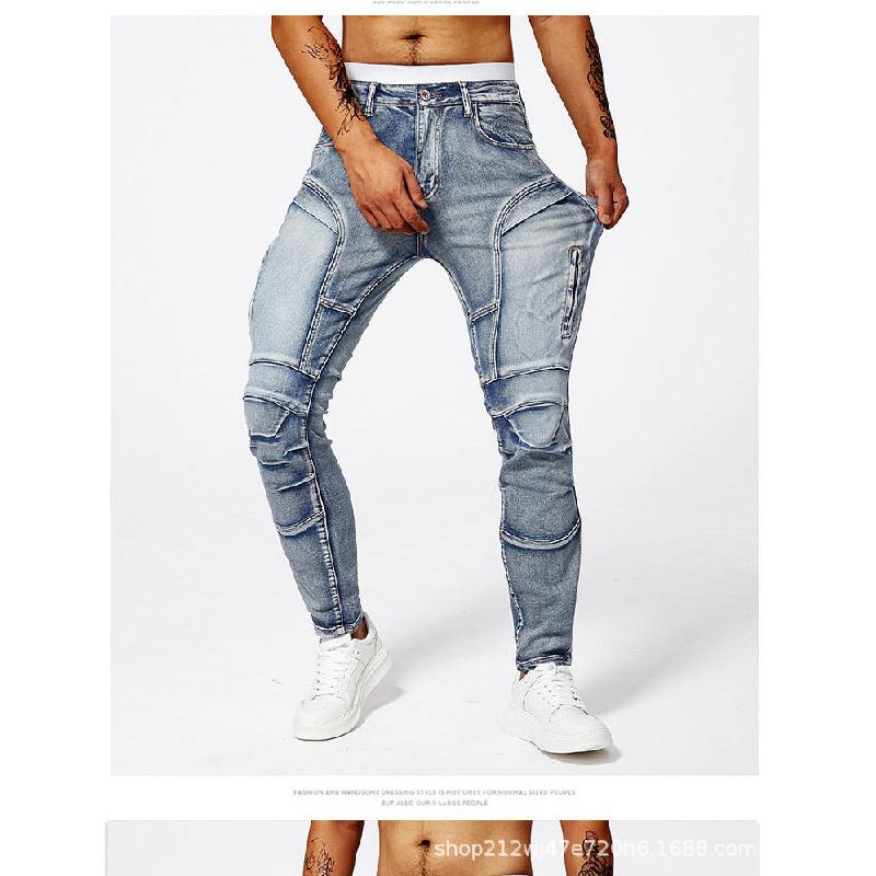 Jeans in stile motociclista da uomo, moda street europea, jeans skinny elasticizzati slim-fit, jeans dritti da uomo
