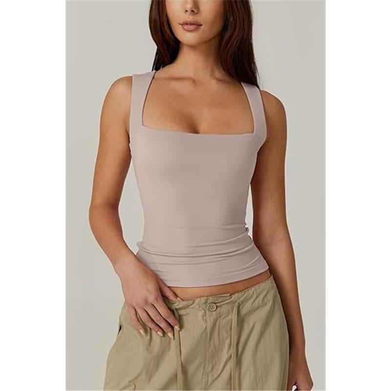 Summer Women's Square Neck Sleeveless Double Layer Vest Basic Skinny T-Shirt