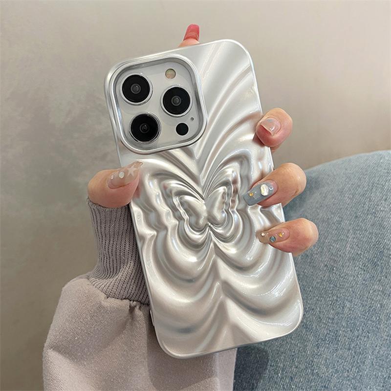 

Чехол для телефона ярких цветов с 3D-складным узором бабочки для iPhone 11 12 13 14 15 Pro Max, мягкий силиконовый модный серебристый шикарный чехол в виде ракушки For iPhone 15Pro Max