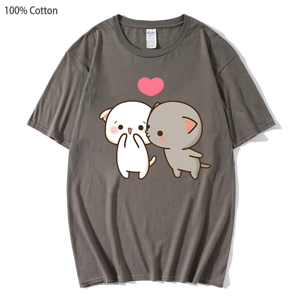 Peach and Goma Mochi Cat shirt Womens Cartoon Print Clothing Kawaii Boba tshirt 100% cotton tees soft Girls Cute clothes
