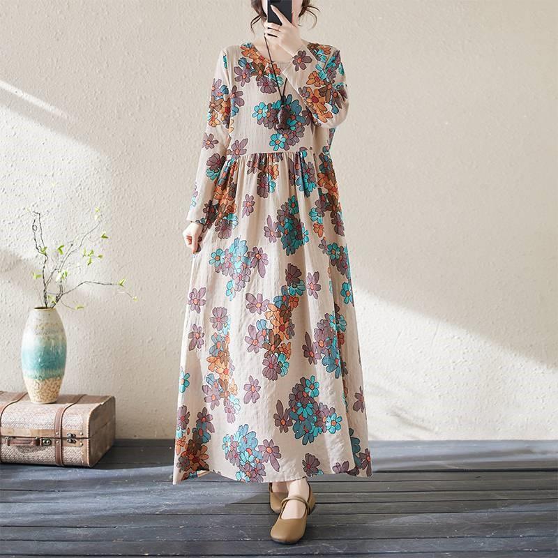 Johnature Niche O-Neck Vintage Dress Woman Spring Fashion Personality Print Long Sleeves Loose Dress