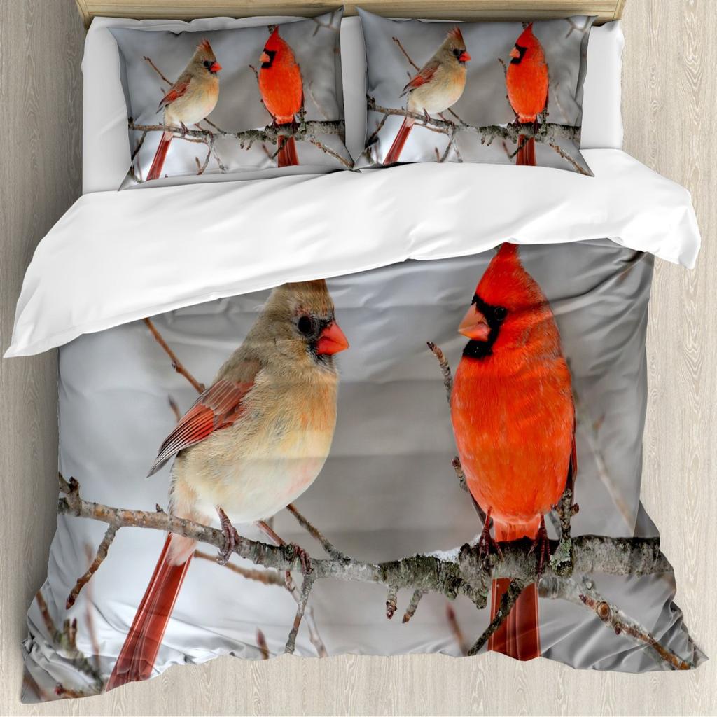 Red Bird Quilt Cover Three-Piece Animal Count Printing Kit Duvet Cover Bedroom Home Decoration