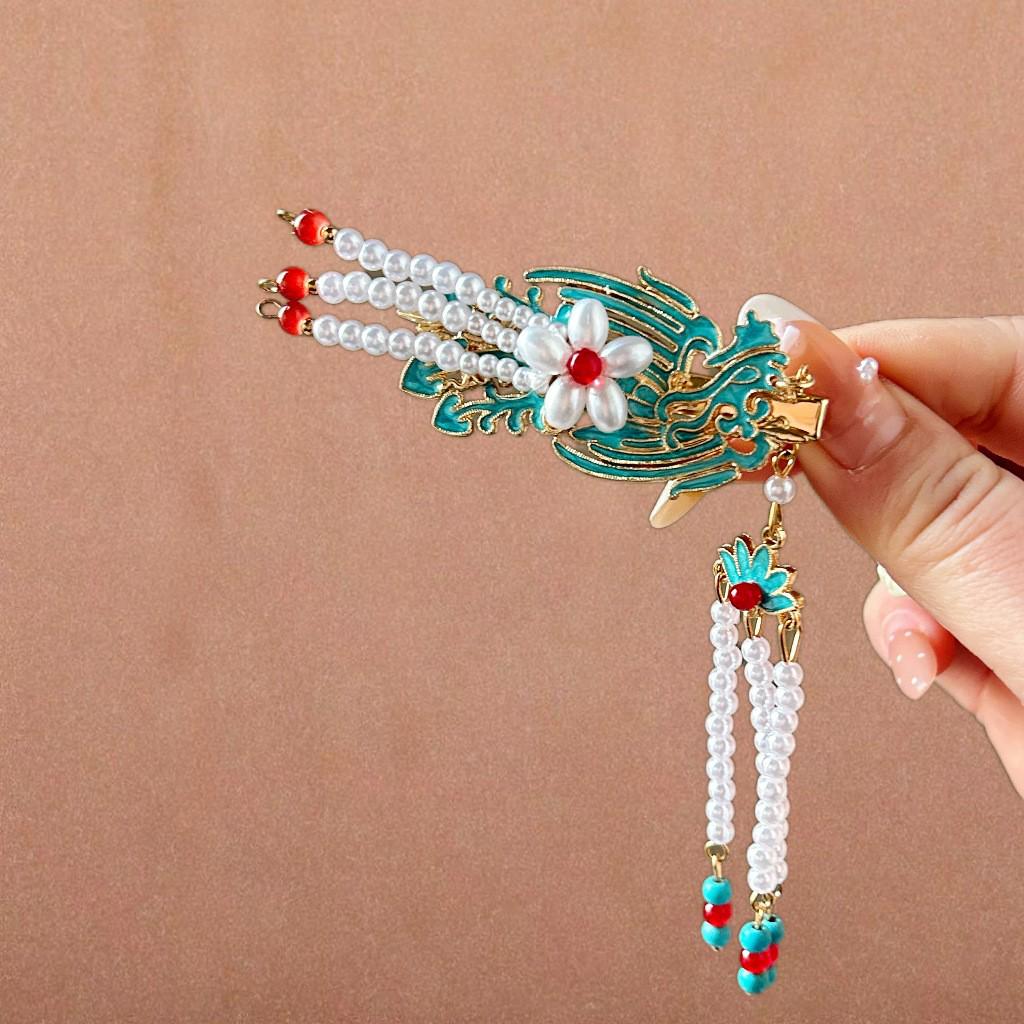Elegant Blue Cloud Pearl Hairpin with Tassel