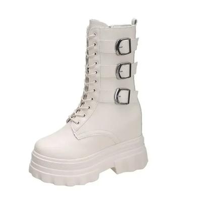 Womens Mid-calf Boots Motorcycle Boots High Quality Casual Leather Booties 12cm Height Increase Platform Boots for Women