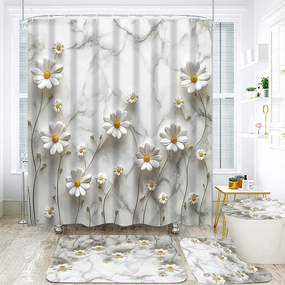 Elegant Bouquet Of Fantastic White Flowers 3D Style Shower Curtain Bathroom Curtain With Bath Rug Carpet Set Floral Home Decor