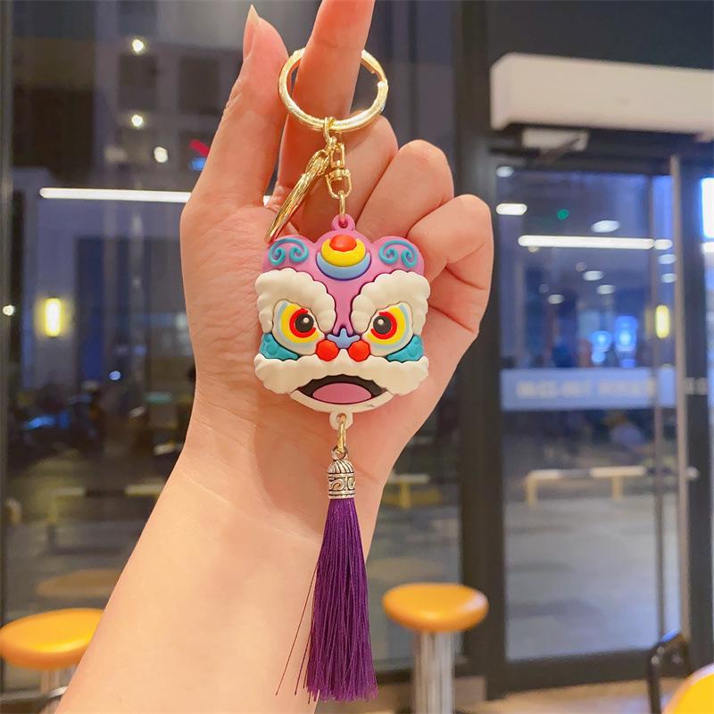 Exquisite Chinese Lion Dance Keychain Pendant with Lucky Cat Doll