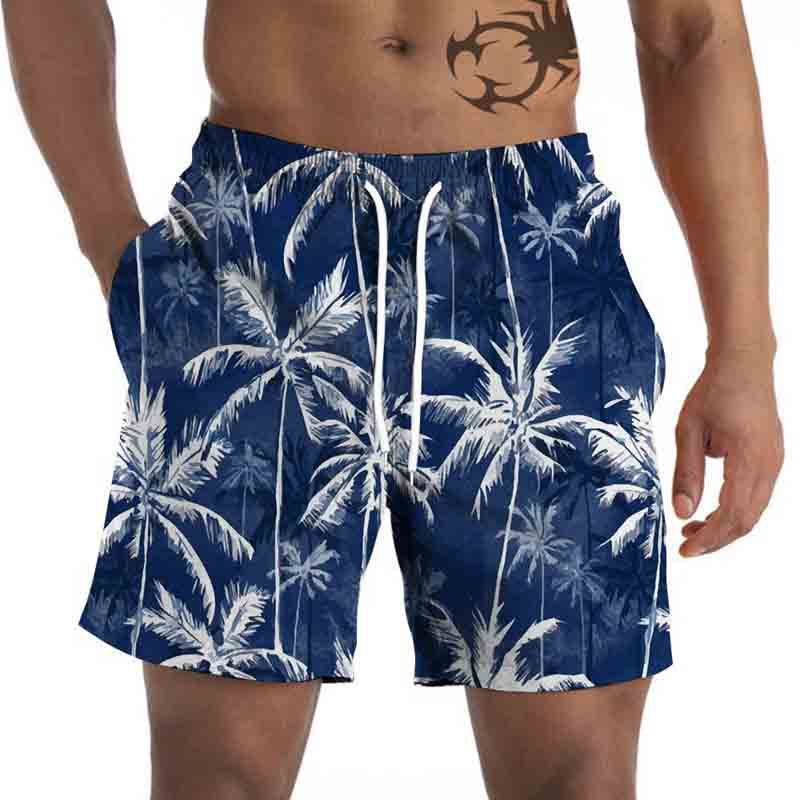 Men's Summer Casual Beach Shorts Palm Tree Print Quick Dry Drawstring Waist