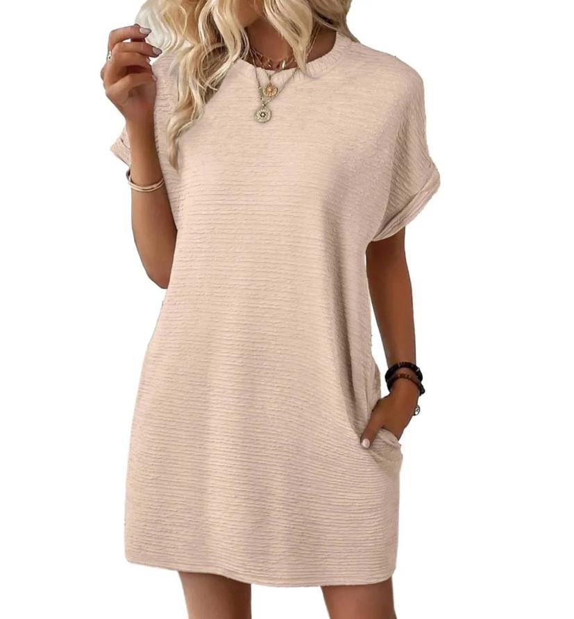 Europe Style Short Sleeve Dress With Pockets And Distressed Effect For Casual Summer Wear