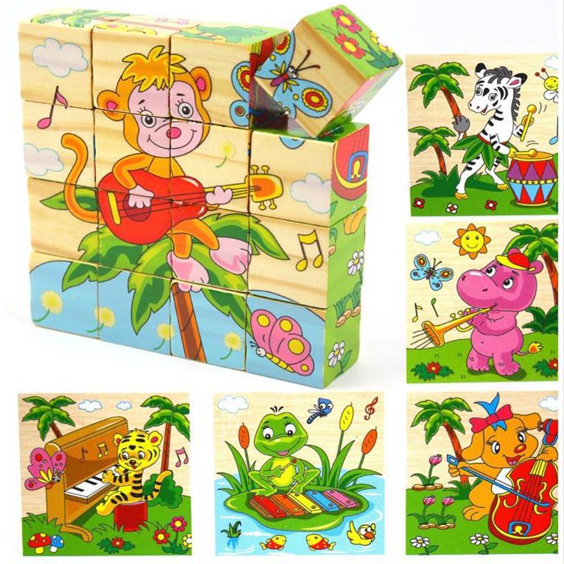 16pcs/set 3D Kids Wooden Blocks Toys Cartoon Print Animal/Sea World Domino Children Educational Toy