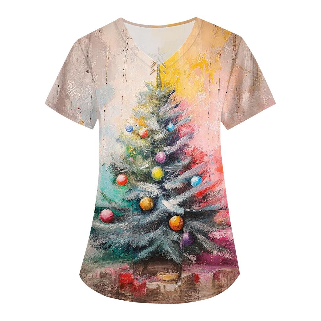 Women's Fashion V-Neck Short Sleeve Overalls With Pockets Christmas Printed Tops  Clothes