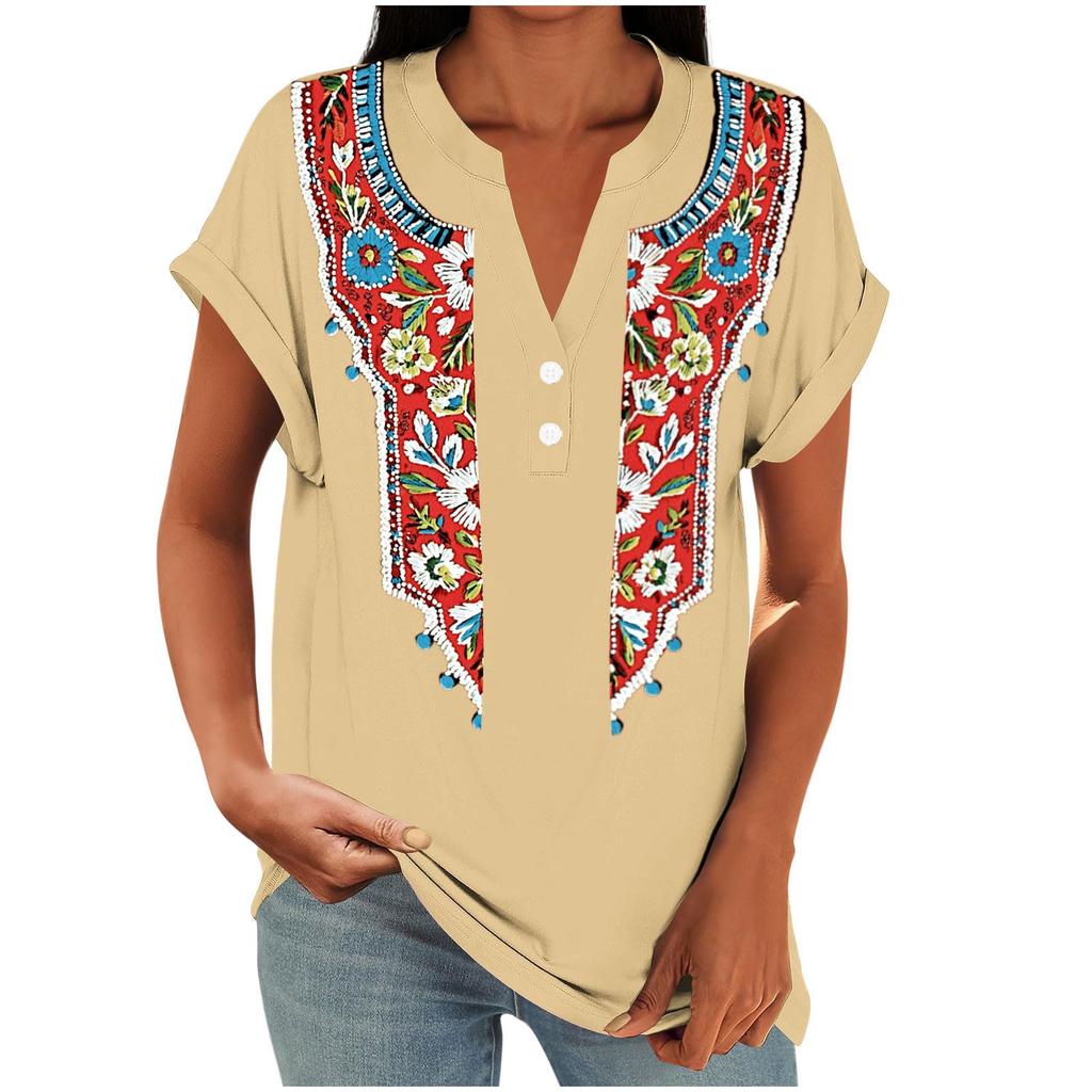 Damen Freizeit Locker Sitzend Kurzarm Knopf V-Ausschnitt Blumenmuster Bluse Top Leicht Atmungsaktiv Sommerhemd