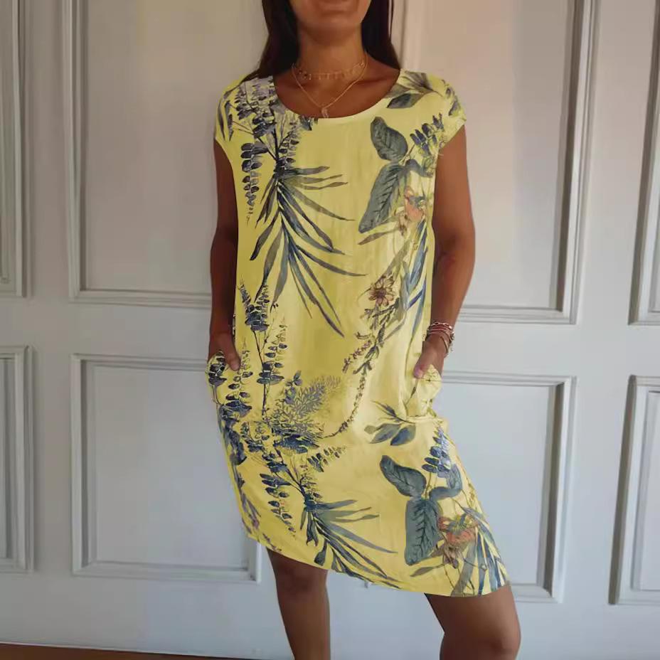 2026 Women’s Summer Cotton & Linen Printed Skirt with Pockets – European & American Style