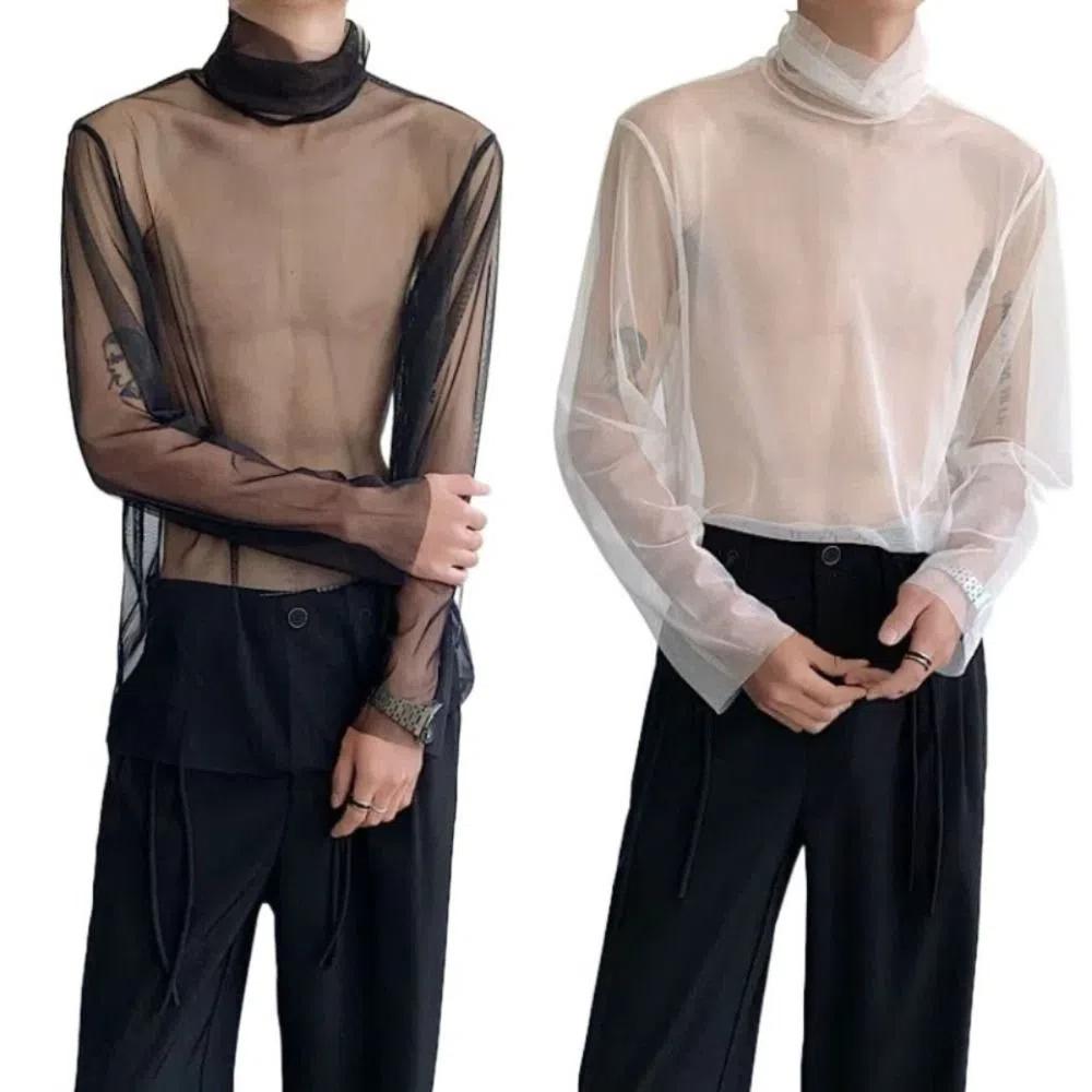 Streetwear Transparent T-shirt See-through Mesh Top Men Creative Long Sleeve T-shirt  Home