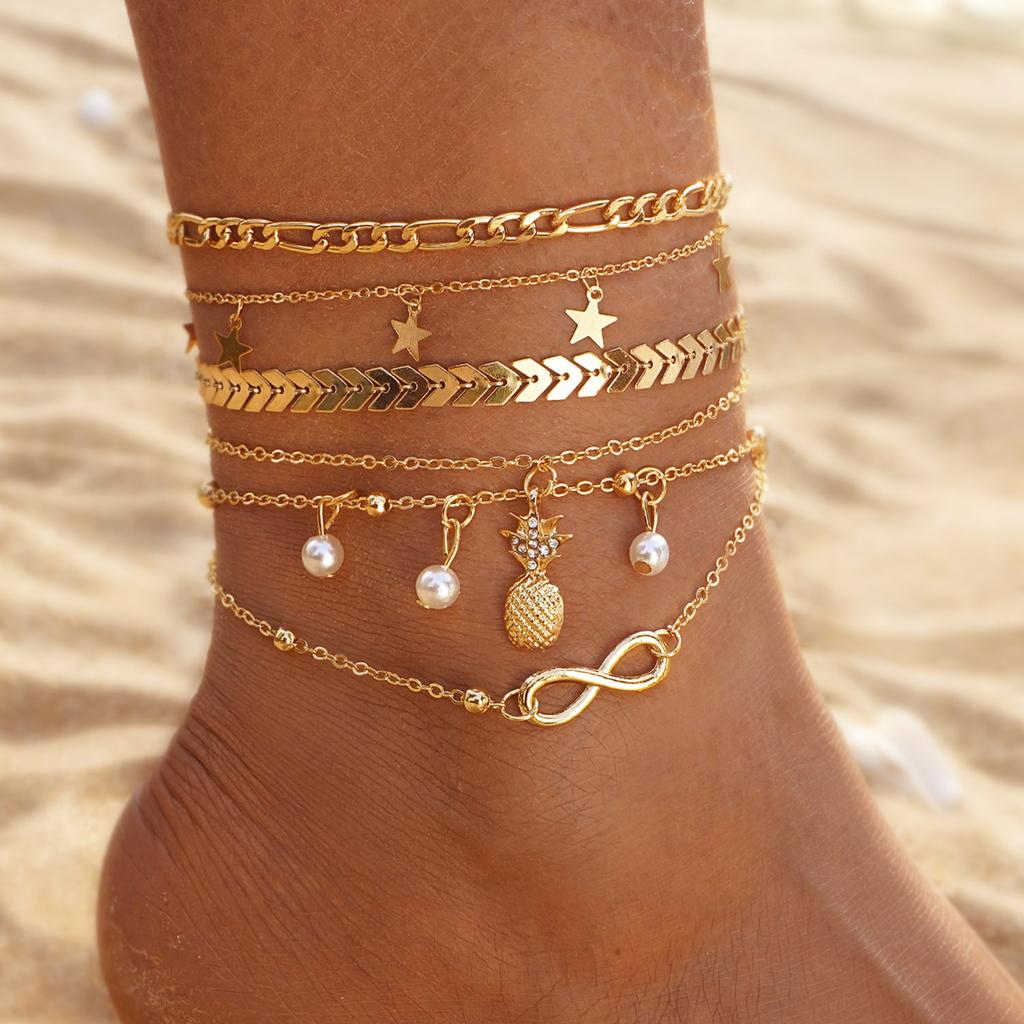 Beach Metal Pineapple Pearl Anklet Set Retro Multi-layer Pendant Anklet Girl Premium Feet