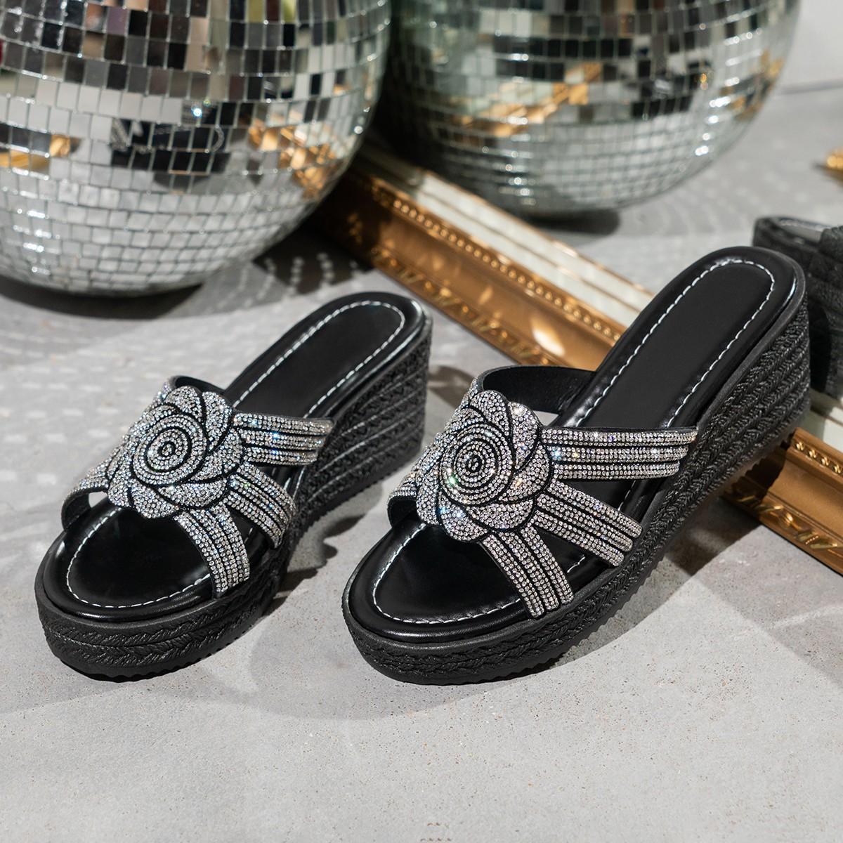 

Женская обувь со стразами, зарубежная торговля, тапочки на каблуке-клёпе, женская летняя обувь 2025 года со стразами на платформе, европейский и американский стиль, уличная мода 42 чёрный