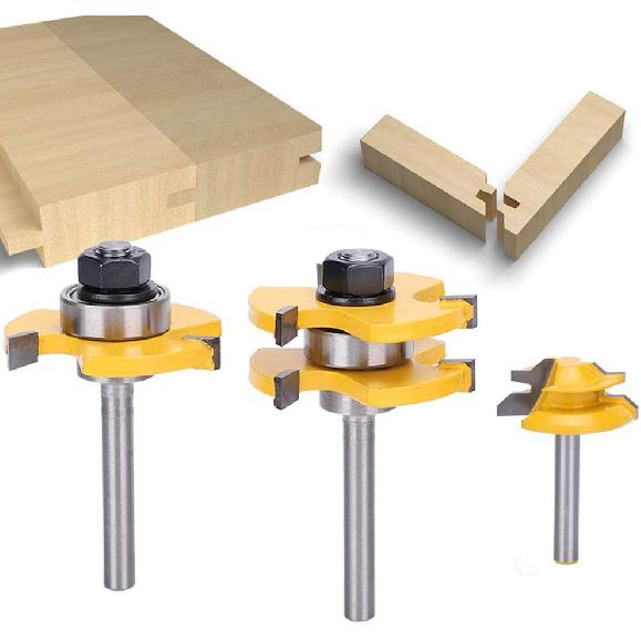 1/4 Inch Shank Router Bit Set, 3PCS Tongue and Groove Router Bits, 45 Degree Joint Router Bits, 3 Teeth T Shaped Wood Milling Cutter Set for