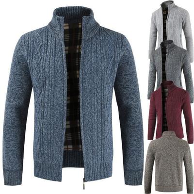 Casaco Masculino Outono Inverno Malha Engrossado Crochê Gola Quente Macio Fechamento com Zíper Bolsos Manga Comprida Casual Cardigan Suéter Anti-pilling