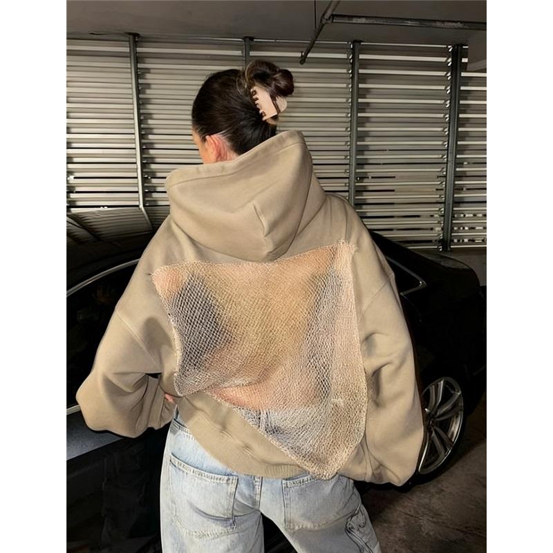 

Осінньо-зимовий жіночий модний однотонний худі-світшот з сіткою, з вирізами на спині, стильний, зручний, для повсякденного носіння XXL бежевий