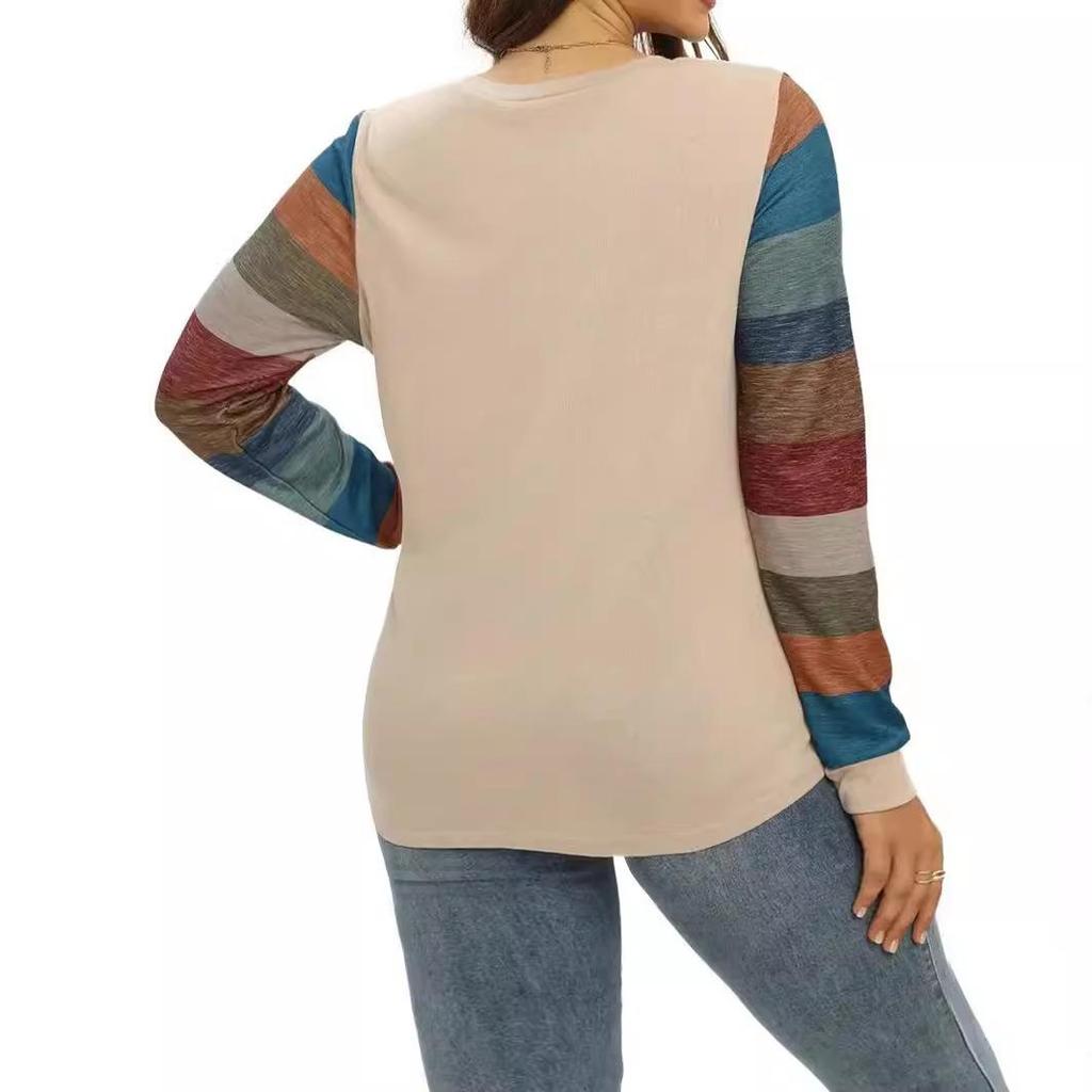 Plus Size Women's Striped Patchwork V-Neck Long Sleeve T-Shirt for Spring & Autumn