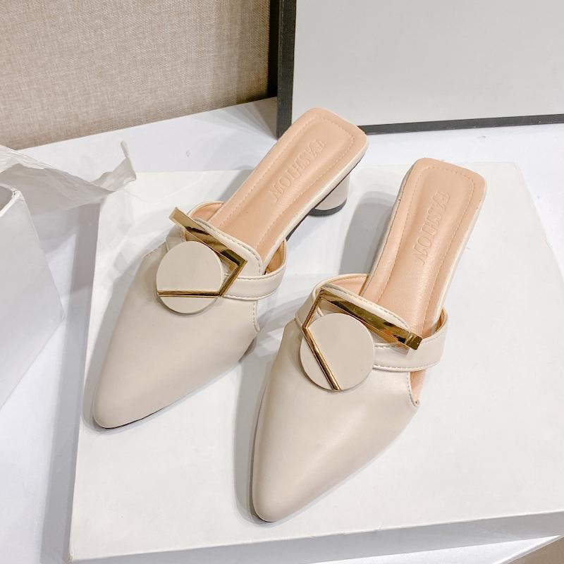 Fashion Aphixta 5cm High Heels Summer Women Slides Outside Pointed Toe Slipper Elegant Slides Fashion Metal Dec Woman Shoes