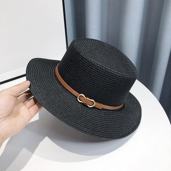 Panama Hat Women Men Faux Leather Buckle Straw Sun Hat French Style Flat-Top Style Wide Brim UV Protection Beach Hat