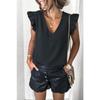 Women European Casual Solid V Neck Sleeveless Ruffle Pullover T Shirt Top
