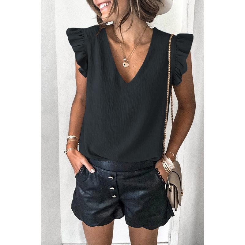 Women European Casual Solid V Neck Sleeveless Ruffle Pullover T Shirt Top