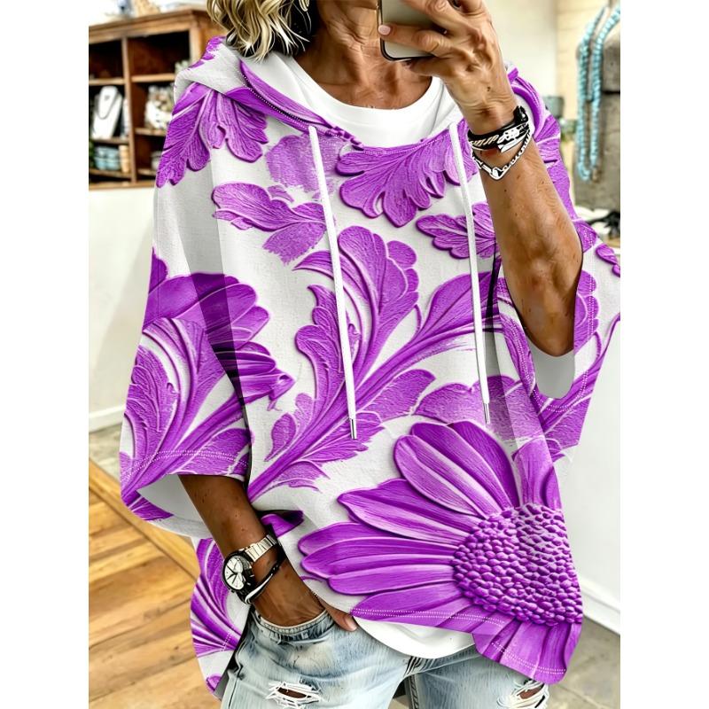 White Daisy Texture Loose Drop Sleeve Hoodie