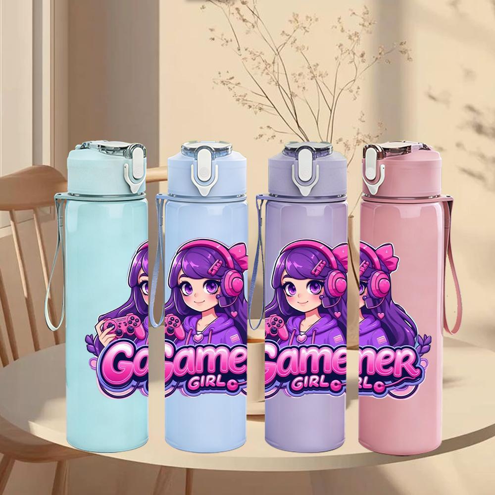 1PC Purple Hair Gamer Girl Cartoon 750ml Color Plastic Sports Water Bottle Leakproof Flip Straw Lid Suitable for Sports Office Home Use