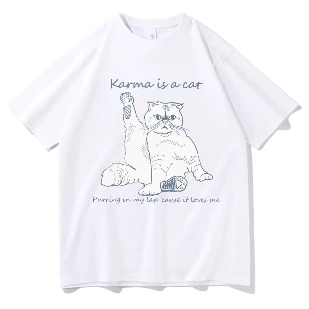 Karma Is A Cat T-skjorte med grafisk trykk Unisex kvinner Uformell Søte T-skjorter i bomull Overdimensjonerte par Kortermet Streetwear-gaver
