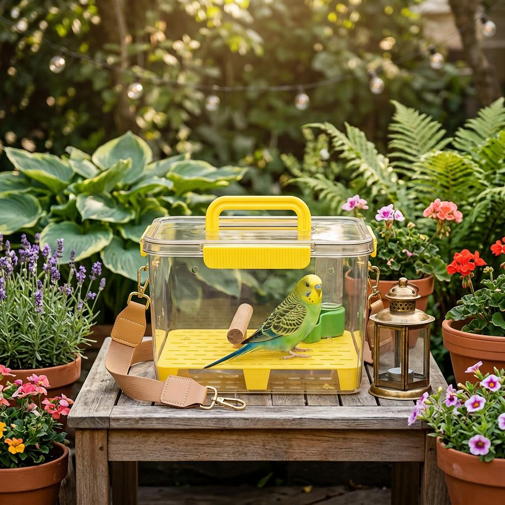 Parrot Eco-friendly Wood & PET Square Portable Perch Anti-stress Semi-transparent Travel Box Indoor Outdoor Use Bird Supplies