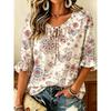 White Base Butterfly Floral Blouse Women Tie V Neck 3/4 Ruffle Sleeve Watercolor Print Loose Summer Linen Shirts