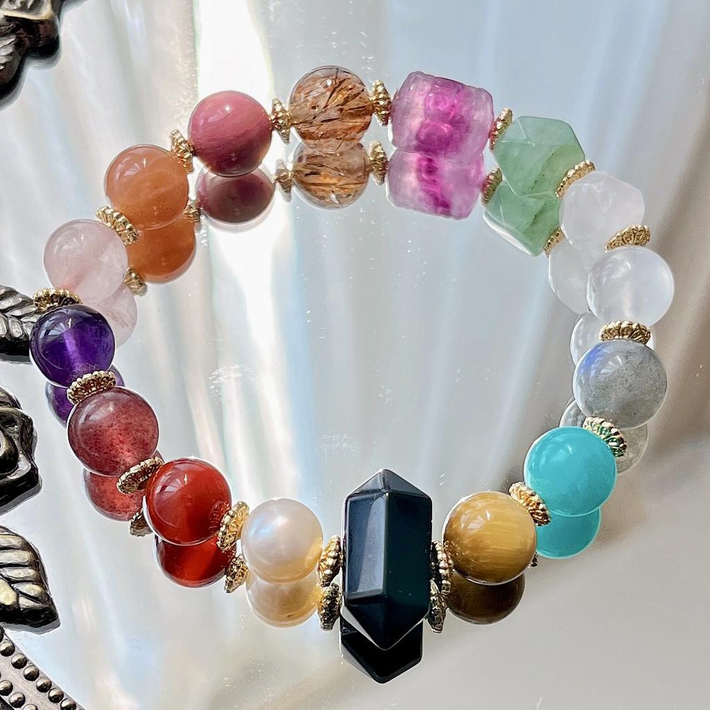 Natural Pearl Amethyst Moonstone Powder Crystal Tianhe Stone Black Gold Super Tiger'S Eye Stone Nanhong Duobao Bracelet Bracelet