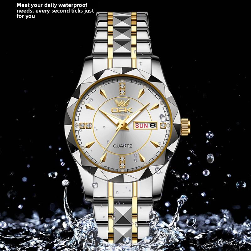 Rhombus Cut Couple Watch, A Pair of Steel Straps, Double Calendar Men's Watch, Luminous Waterproof Women's Watch, High-end