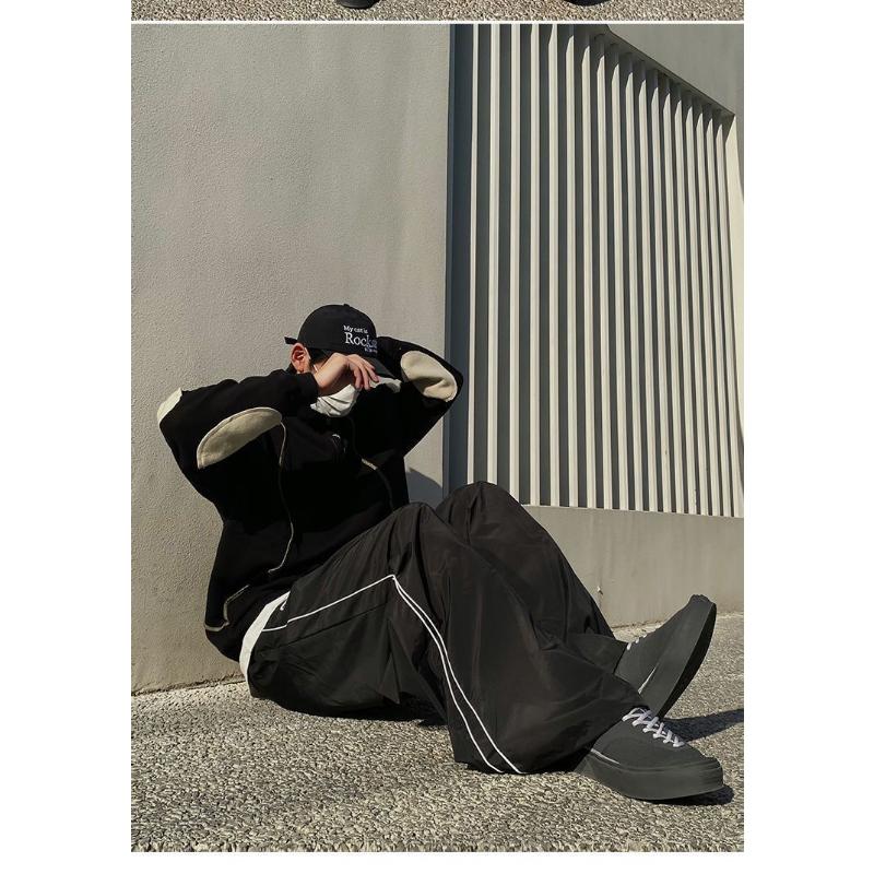 New Women's American Retro Wide Leg Pants, Stripe Patchwork Floor-Length Drawstring Joggers, Loose Fit Harajuku Streetwear Casual Trousers