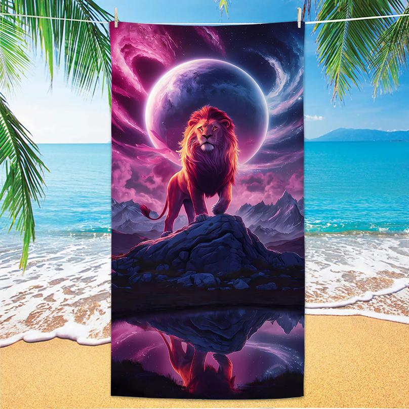 New Lion Beach Towel Microfiber Digital Print Sunproof Shawl Extra Large Towel for Camping Gym Bold Lion Design W30*H60(CM)