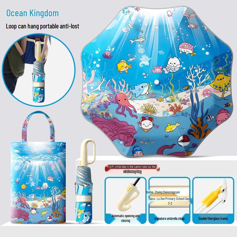Dual-Use Automatic Folding Children's Umbrella with Ring Buckle – Sun Protection for School Boys and Girls