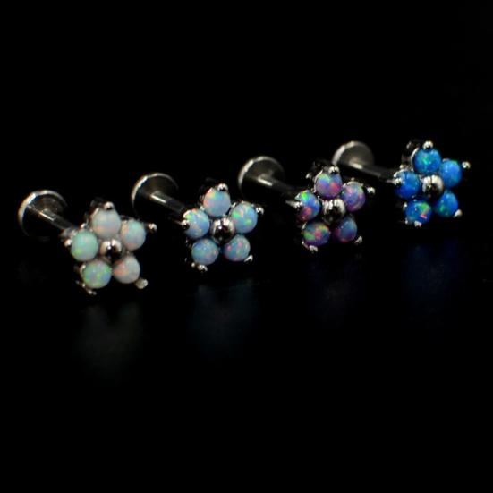 1Pc Women Titanium Steel Faux Opal Flower Labret Lip Ring Ear Stud Helix Jewelry