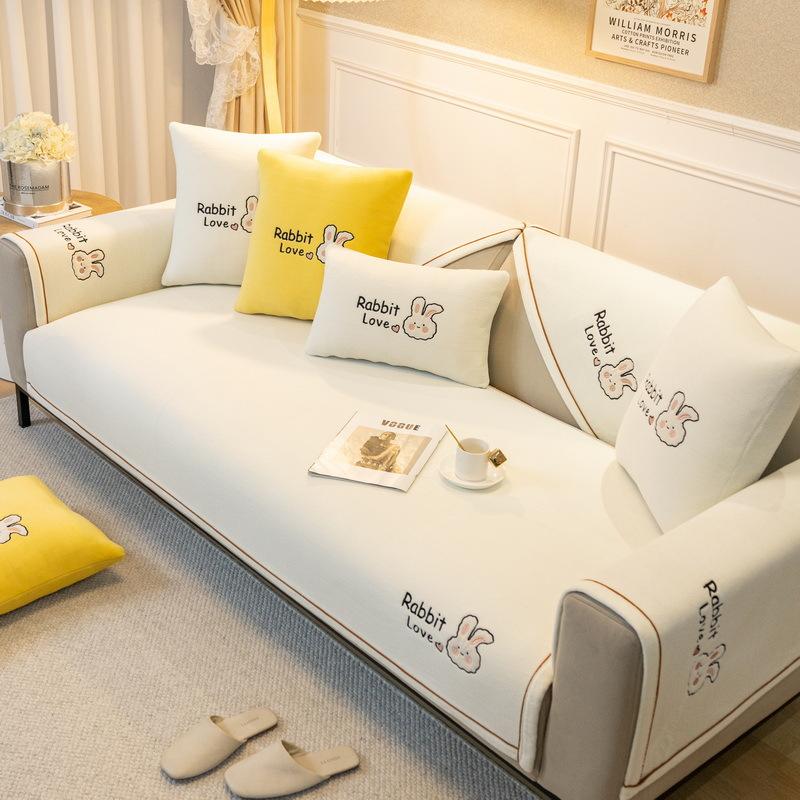 

Cartoon Rabbit Sofa Cushion, New Solid Color Embroidered Seat Cushion, All-Season Chenille Cover, Non-Slip Armrest Cover 70*70cm