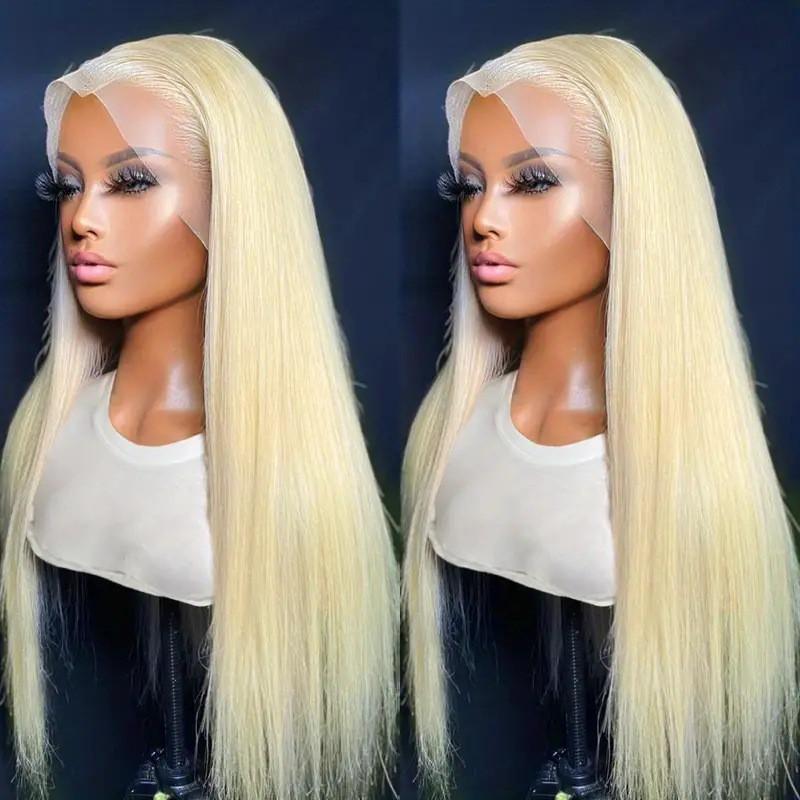 Lace Front Straight Long Wig In Light Golden Blonde Synthetic Hair Women Natural Look Heat Resistant Fiber Full Cap