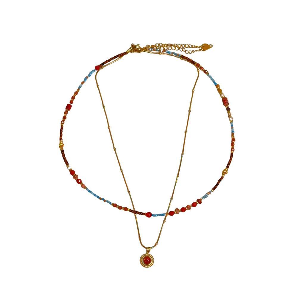 French Ethnic Red Agate Stone Beaded Necklace: Retro, Versatile Luxury