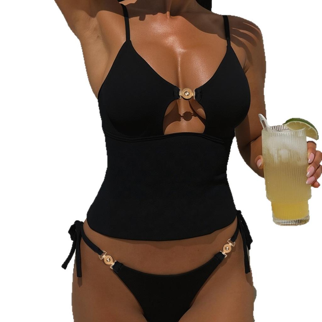 Solid Color Hollow Low Waist Strap Sexy Split Bikini Swimsuit Women