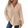 Women's V-Neck Waffle Knit Drawstring Button Long Sleeve Hoodie
